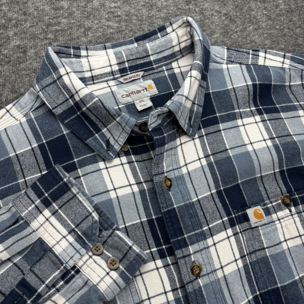 Carhartt Mens 2XL Relaxed Fit Flannel Shirt Blue Gray Plaid Long Sleeve Cotton